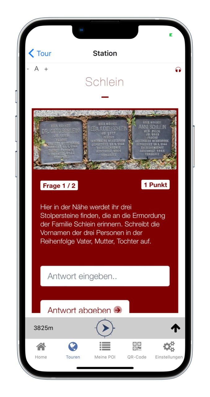 NAVIGATE-Universum App auf dem Smartphone: eine Stations-Aufgabe mit Frage, Antwortfeld und Punktevergabe