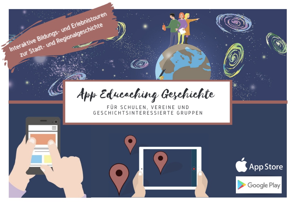 App kreativ-digital – Screenshot Titelseite mit GPS-Pins auf Smartphone und Tablet, App Store und Google Play