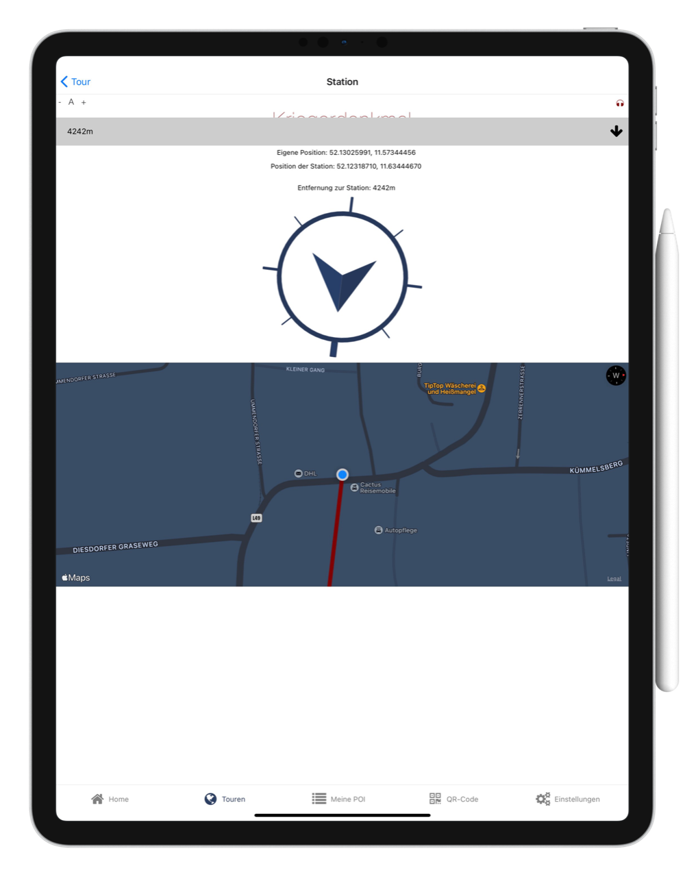 NAVIGATE-Universum App – GPS-Navigation auf dem iPad: Kompassansicht mit Entfernung zur Station und interaktive Apple Maps Karte